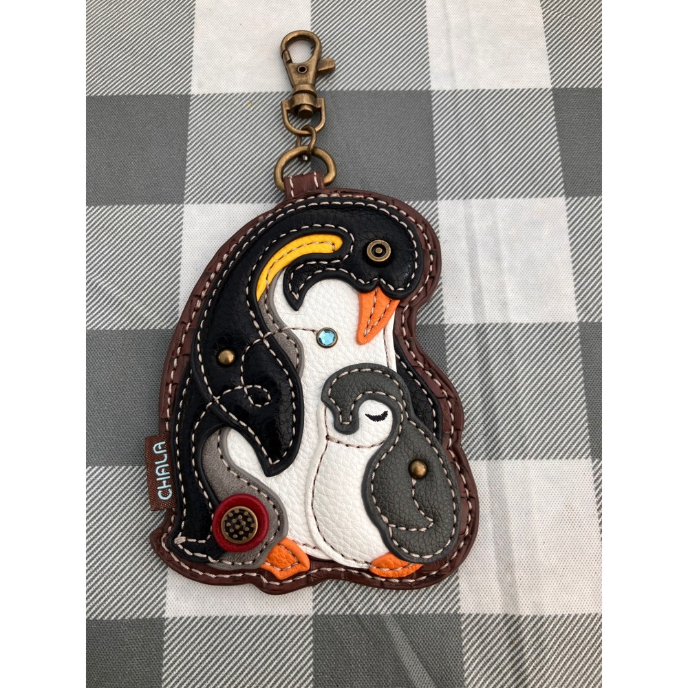 Chala Penguin And Baby Coin Purse Keychain Women Brown Faux Leather Bag Charm